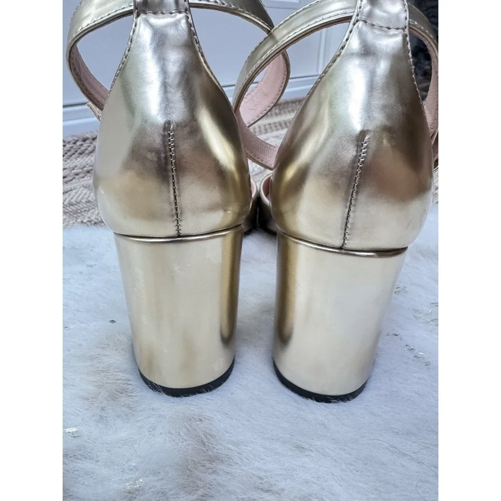 J. Crew Size Metallic Gold Ankle Strap Maisie Pump 10 Block Heel Y2K - Picture 6 of 9